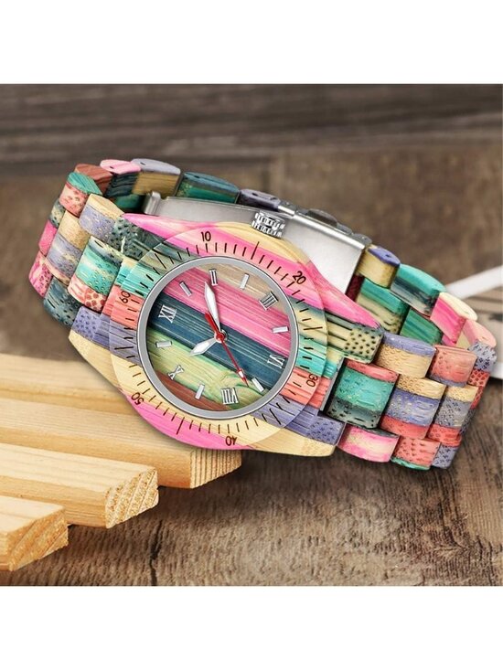 Women\'s Multi Colorful Analog Quartz Couples Bamboo Classic Design Wooden Watch